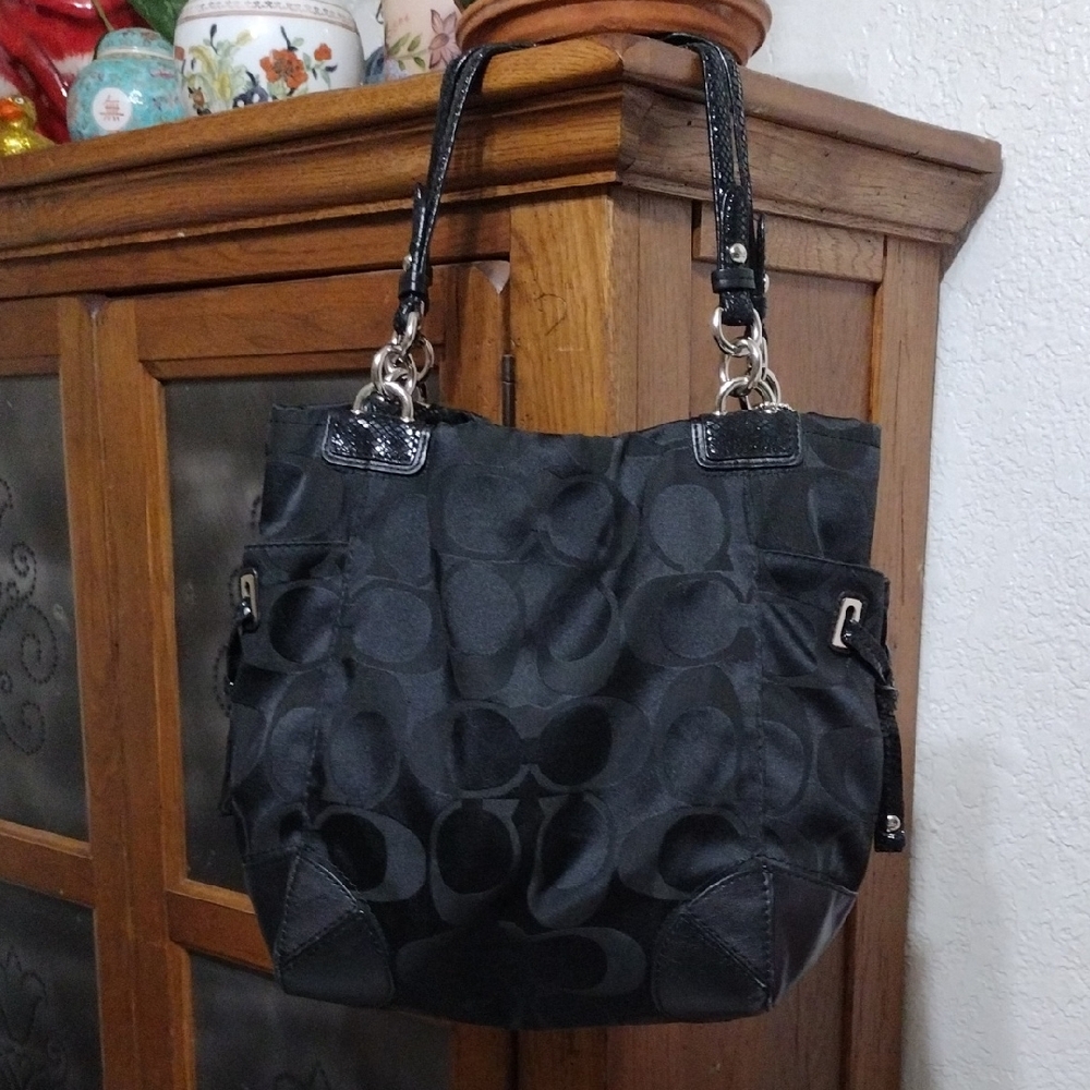 Coach Tote Bag Signature One Shoulder Canvas Leather Black